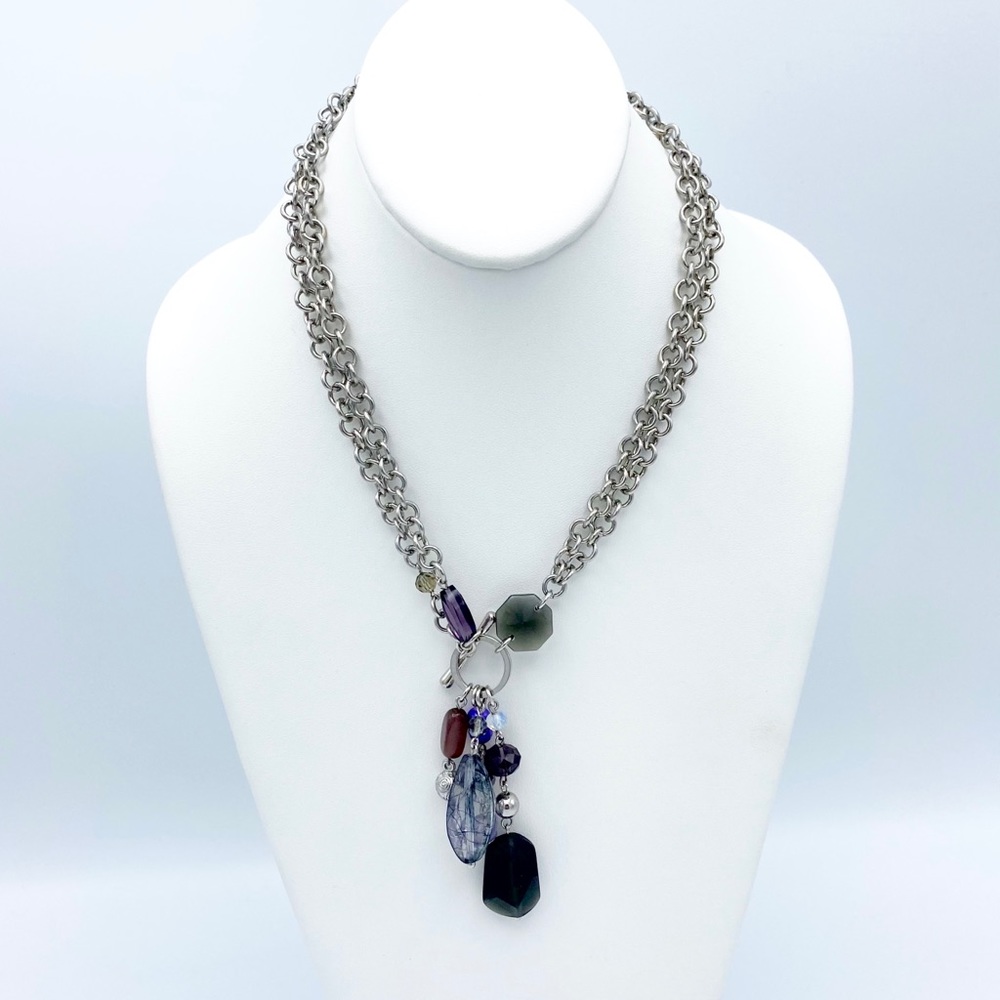 Double Chunky Link Chain Front Toggle Clasp Dangling Faux Gems Necklace